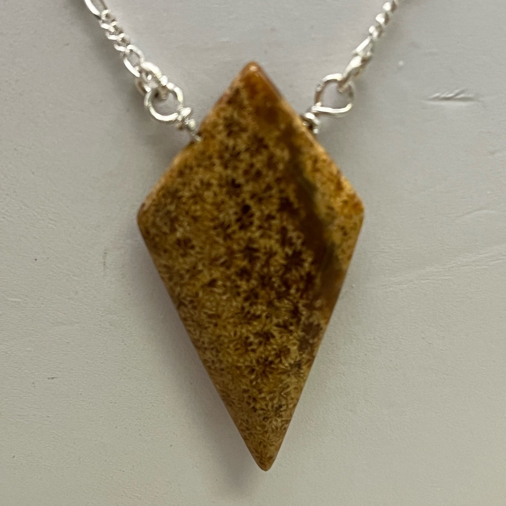 Brown Geometric Fossil Coral Pendant Necklace with Sterling Silver Chain